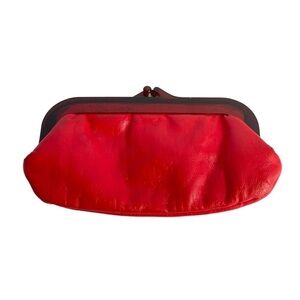 Vintage 60s Red Faux Leather Clutch Bag Small Purse Lucite Kiss Lock Clasp